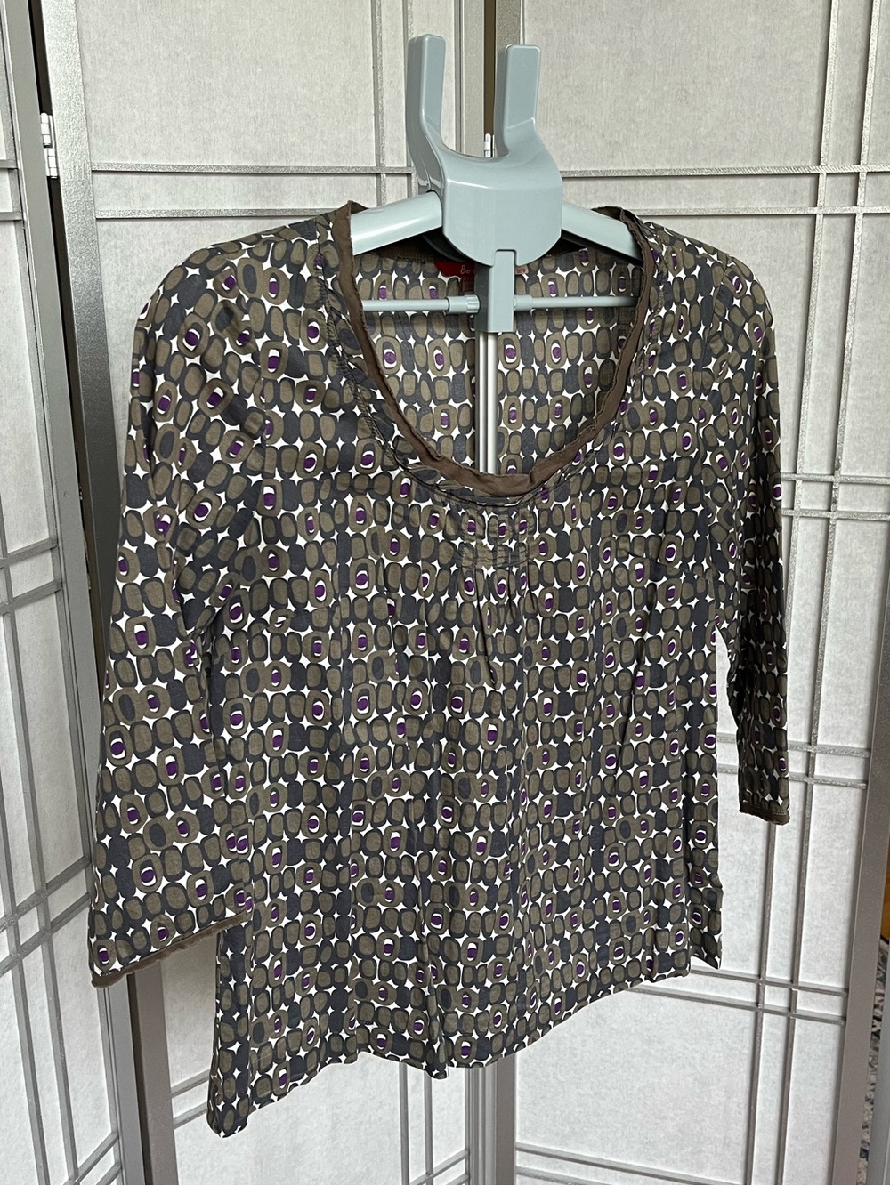 Boden Abstract Print Top Olive Geometric Blouse Ruched Detail Size 8